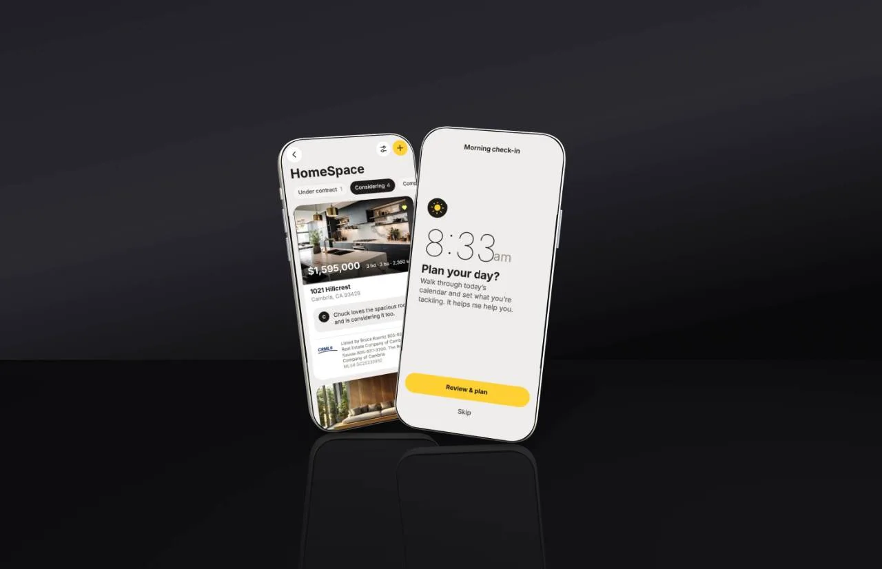 The Rayse app: a HomeSpace listings screen beside a Morning check-in screen
