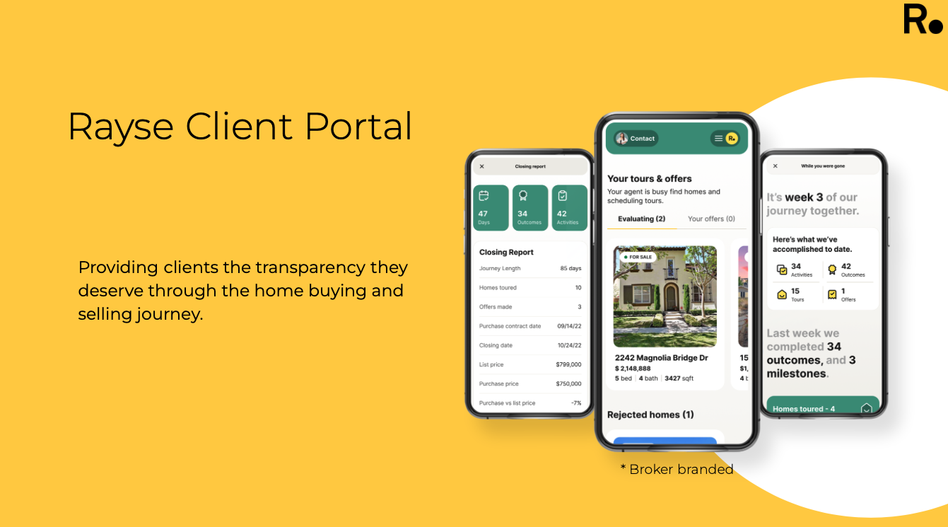 Rayse Client Portal - 3 cellphones with snapshots of the client view of Rayse