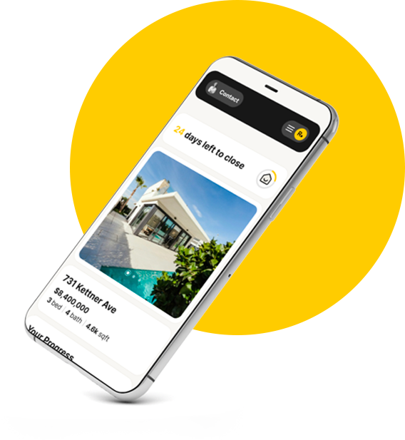 Smartphone screen displaying real estate listing: "24 days left to close," 731 Kettner Ave, $8,400,000, 3 bed, 4 bath, 4.8k sqft