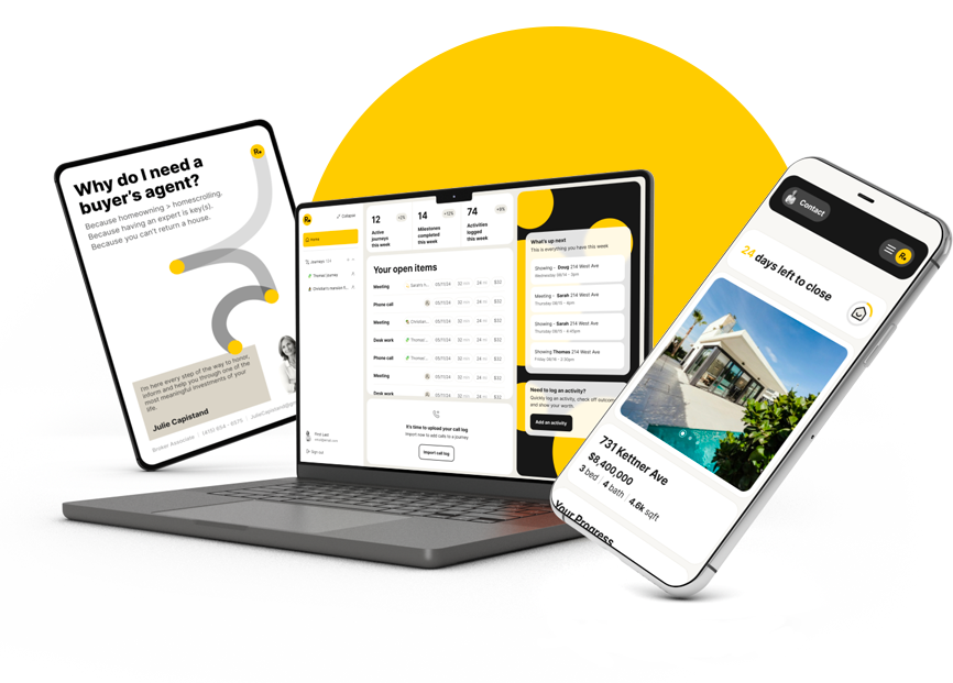 Digital real estate dashboard on devices; text emphasizes buyer's agent importance, task management, and property listing.