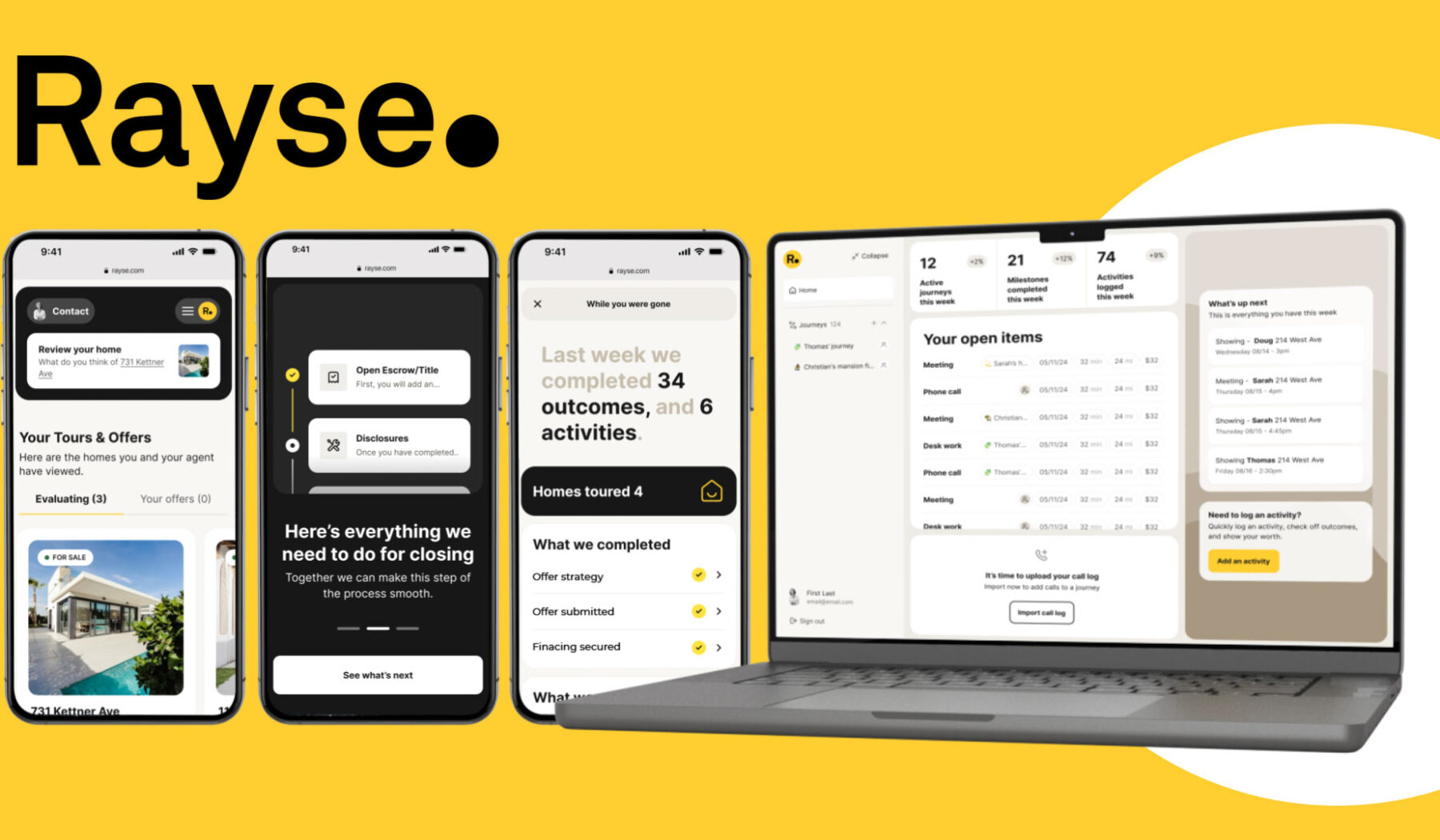 Rayse real estate app interface displayed on smartphones and laptop, showcasing transaction transparency and accountability features.