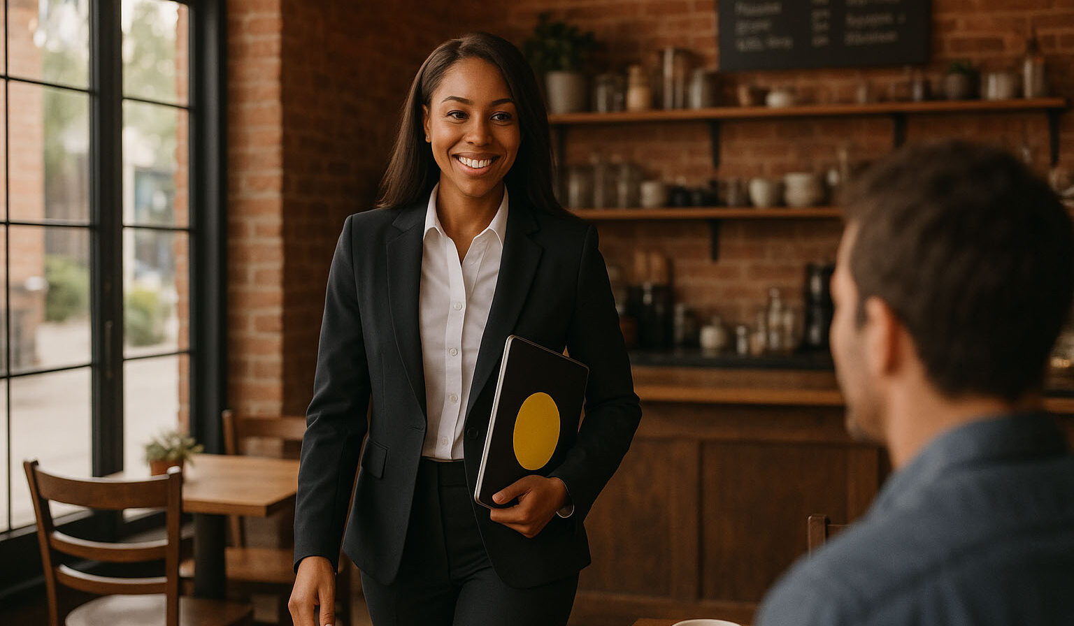 Woman in a business suit greeting a seated man in a cafe