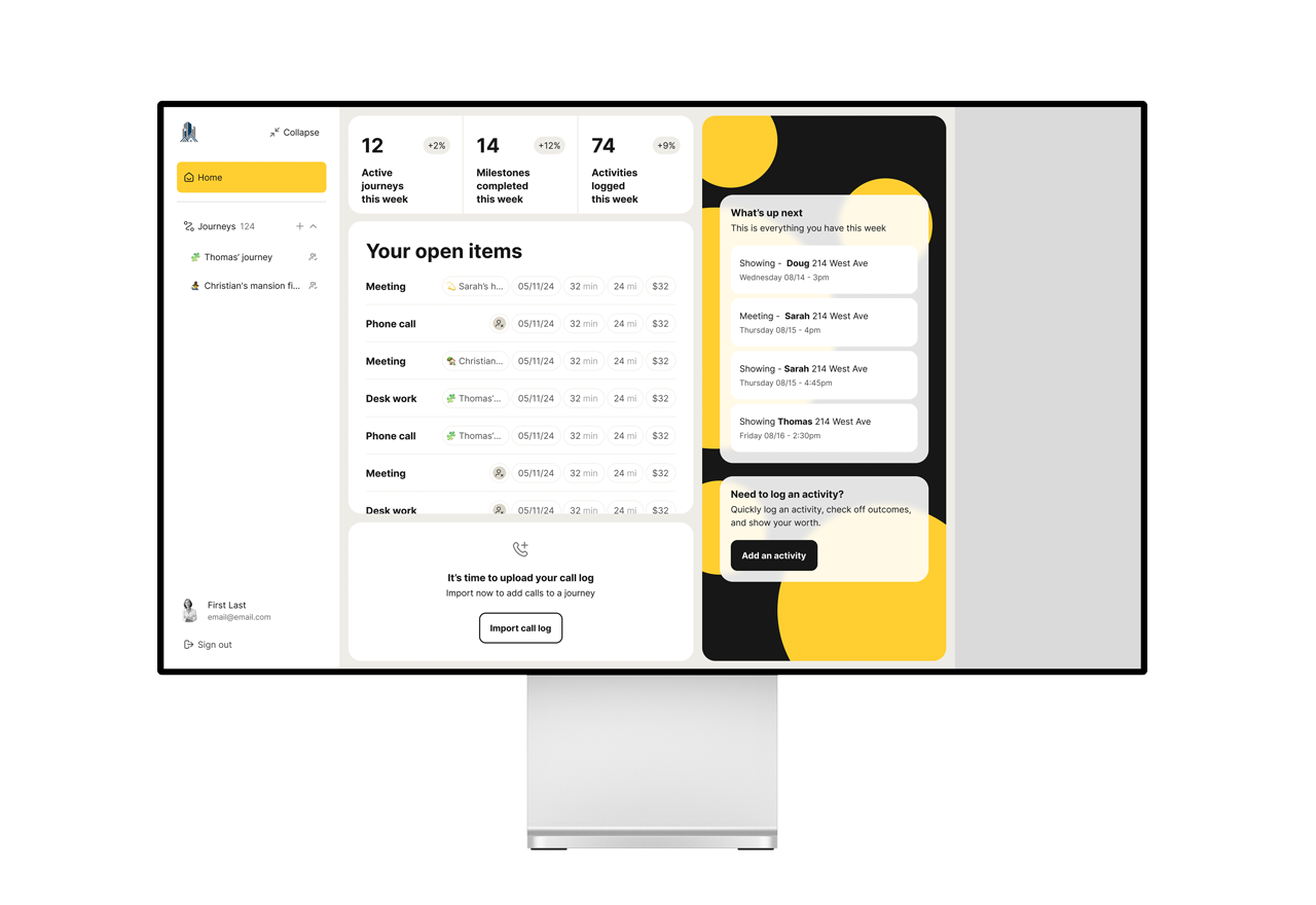 Dashboard displaying open items, tasks, and upcoming activities; includes a call log upload prompt.