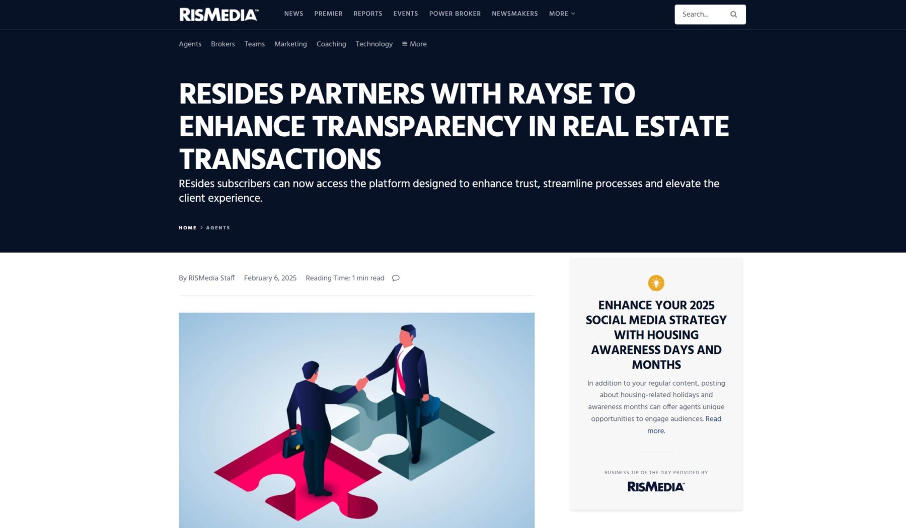 RISMedia article on REsides partnering with Rayse for real estate transparency, featuring two people shaking hands on puzzle pieces.