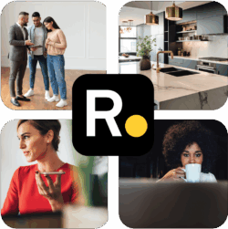 Four images: people collaborating, modern kitchen, woman with tablet, woman drinking coffee; centered 'R.' logo.