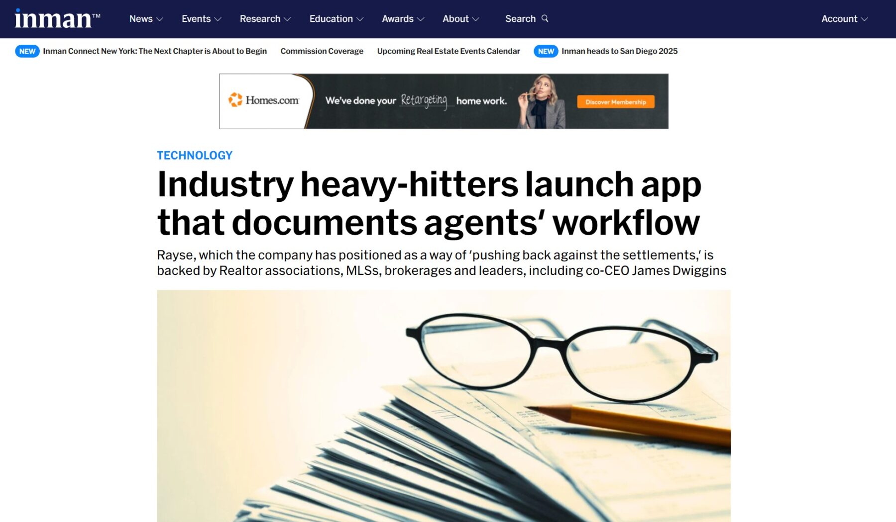Inman website article "Industry heavy-hitters launch app that documents agents' workflow" with glasses and documents image.