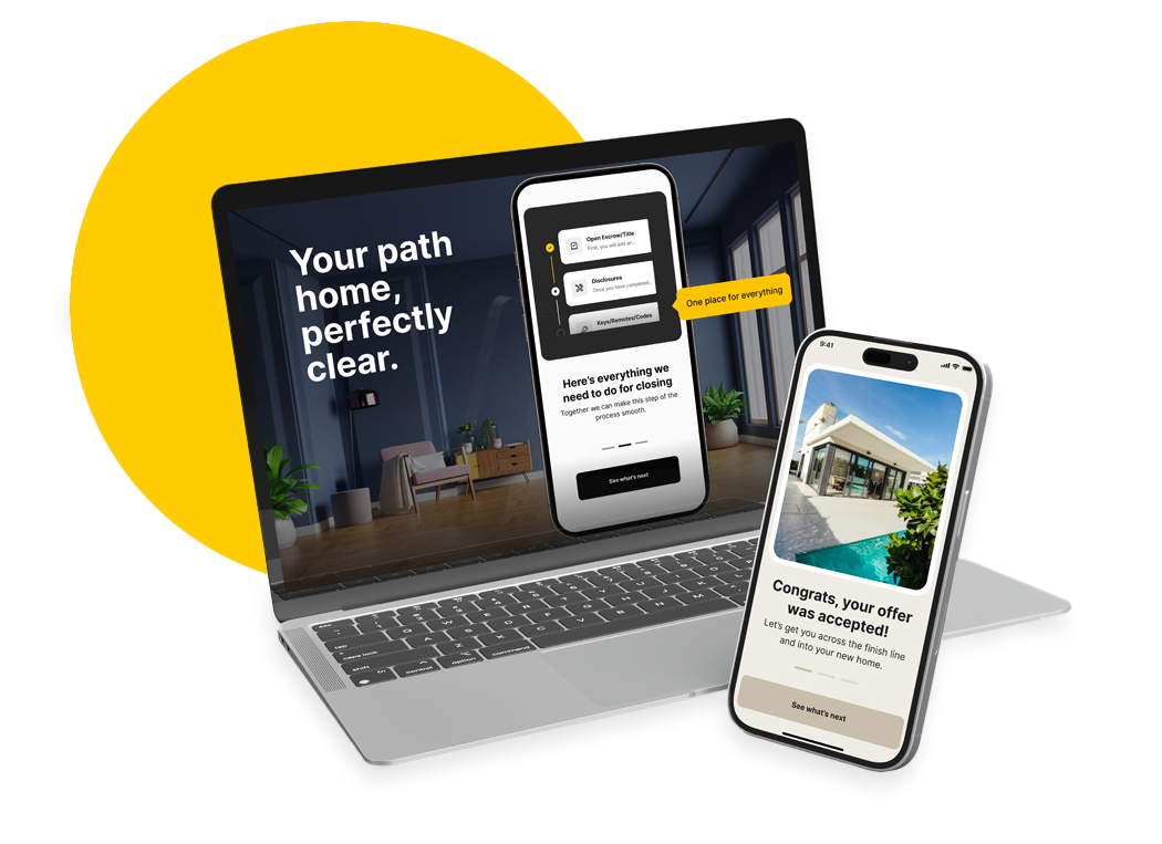 Laptop and smartphone displaying real estate application interface; text: "Your path home, perfectly clear," "Congrats, your offer was accepted!"