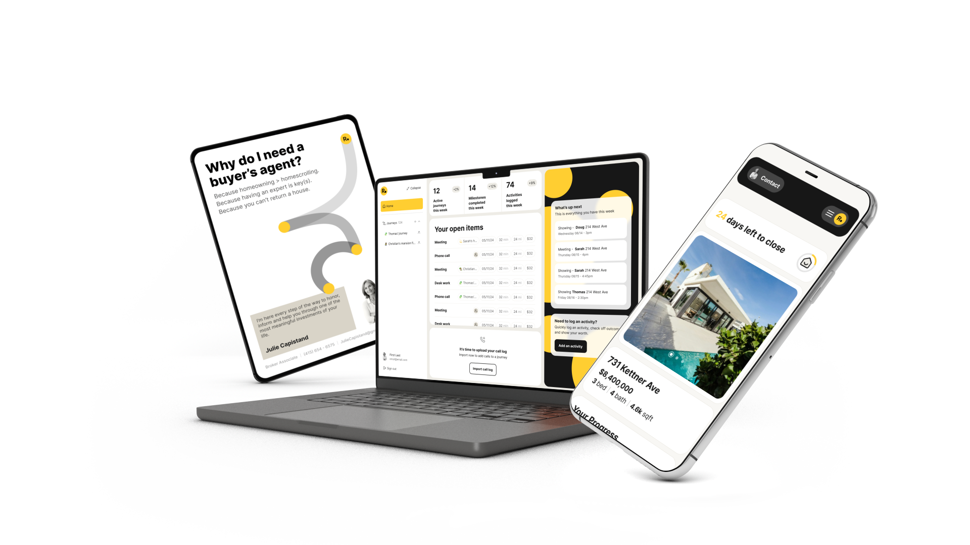 Tablet, laptop, and smartphone displaying real estate dashboard and listings app interfaces with property information and agent support.