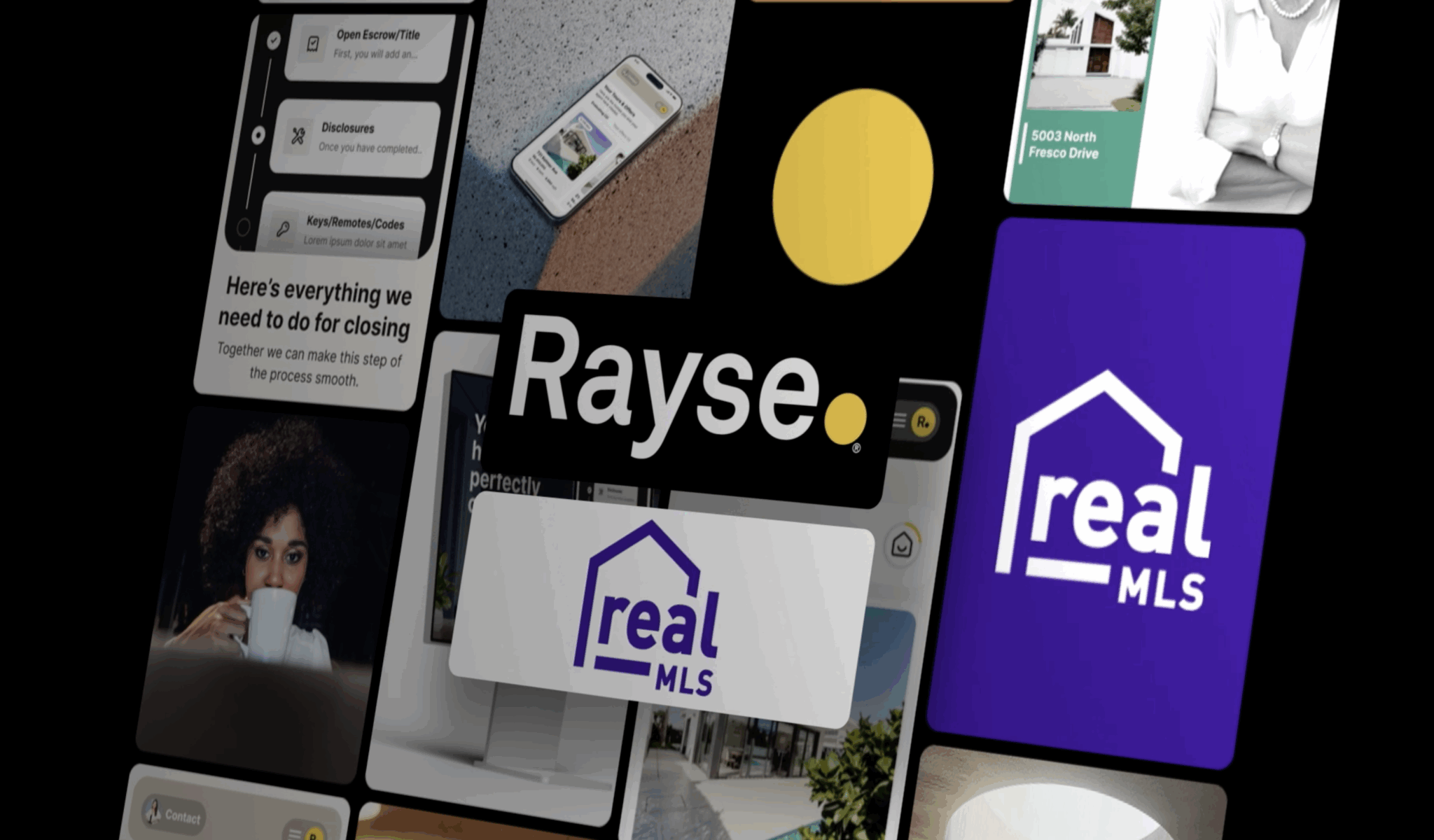 Collage of real estate app interfaces featuring "Rayse" and "real MLS" logos, phone, and closing checklist.