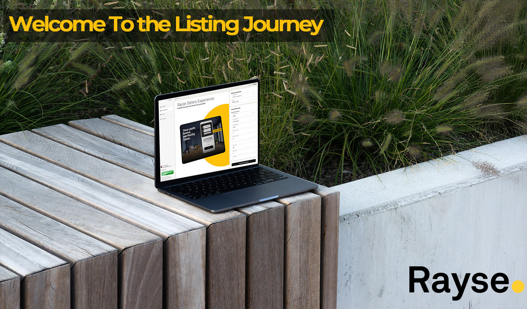 Welcome To the Listing Journey text, Rayse logo, laptop displaying Rayse Sellers Experience page on a wooden bench outdoors