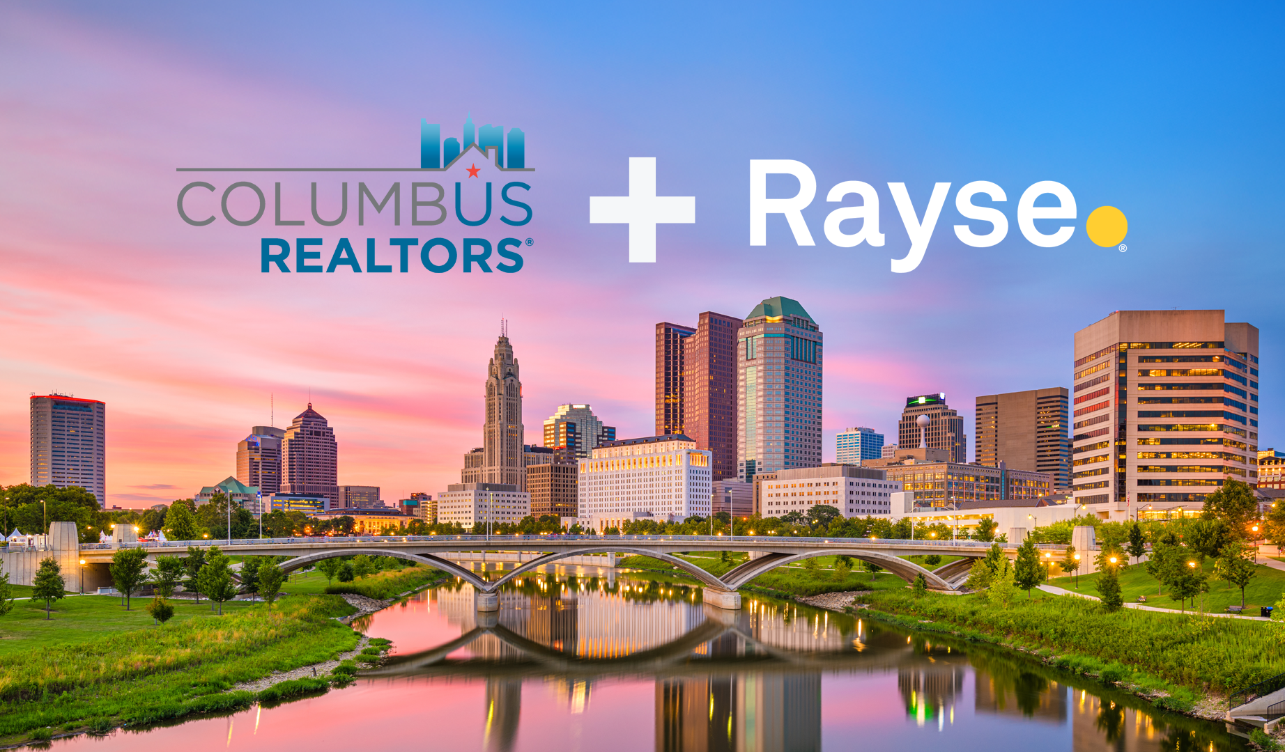 Columbus Realtors logo and Rayse logo over Columbus skyline at sunset