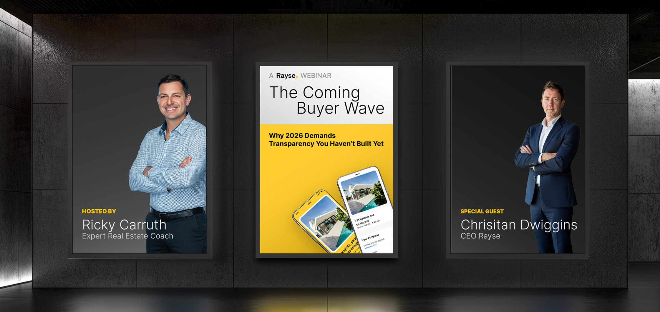 Rayse webinar announcement featuring Ricky Carruth and Christian Dwiggins. Title: "The Coming Buyer Wave."