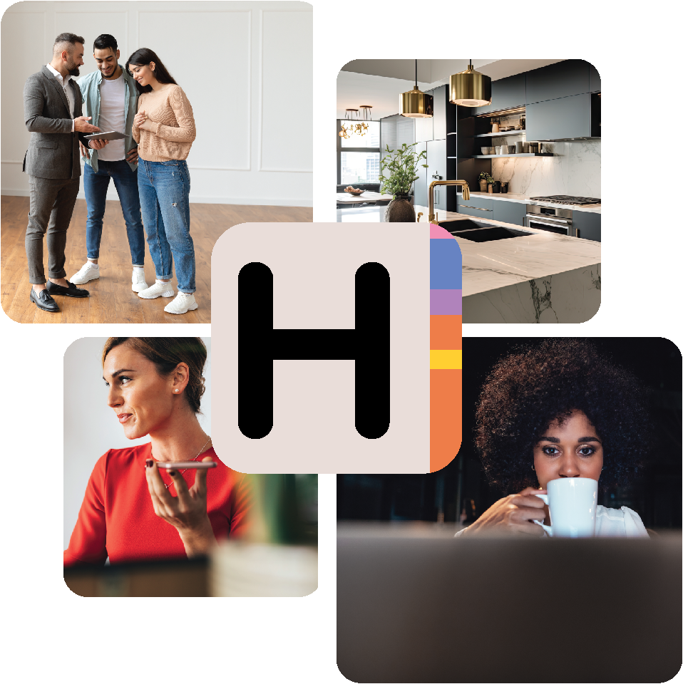 Collage with diverse people, modern kitchen, and large "H" logo.