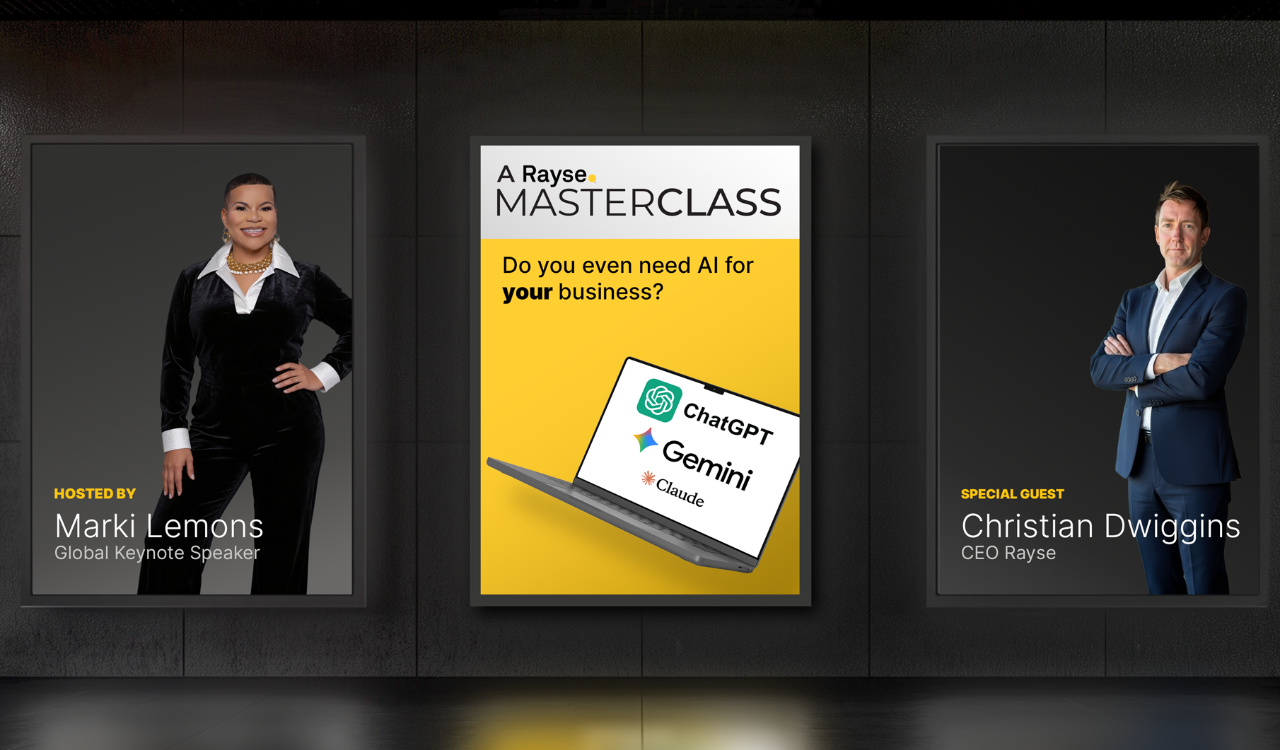 Rayse Masterclass banner featuring Marki Lemons and Christian Dwiggins, discussing AI for business with logos of ChatGPT, Gemini, and Claude.