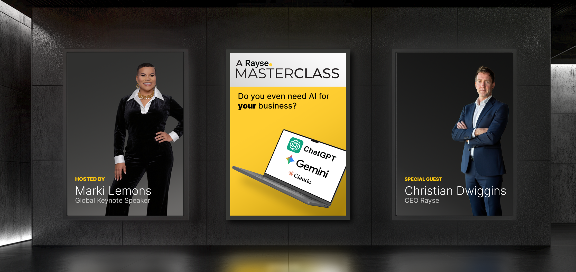 Rayse Masterclass banner featuring Marki Lemons and Christian Dwiggins, discussing AI for business with logos of ChatGPT, Gemini, and Claude.