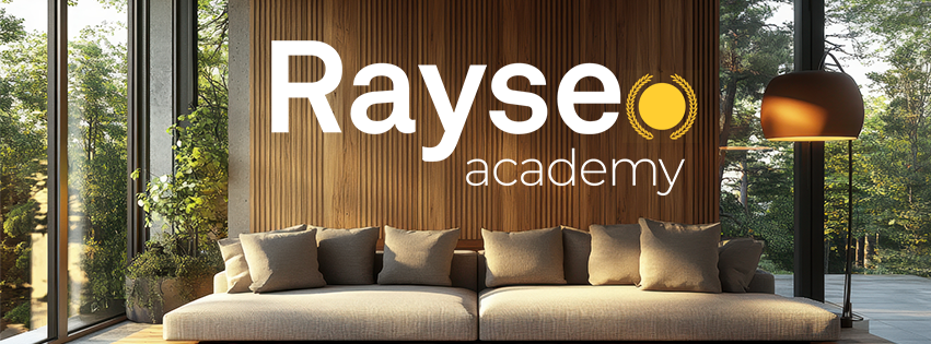 Rayse Academy logo over a modern, wood-paneled room with a large sofa and floor lamp.