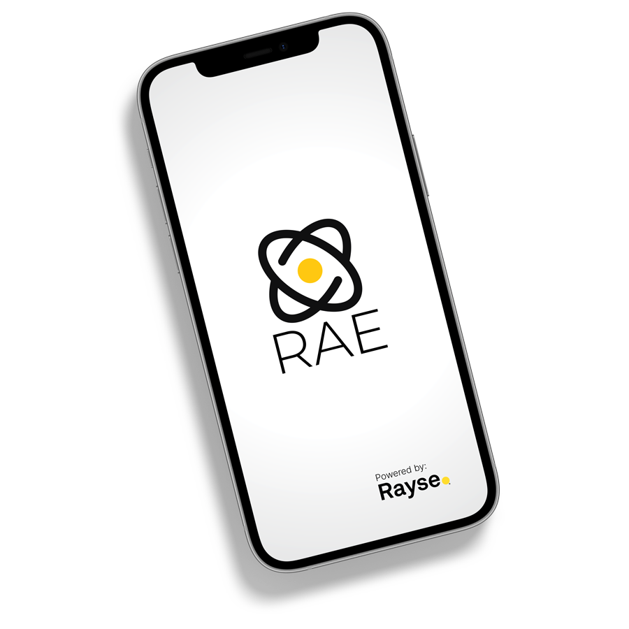 RAE app logo on iPhone screen, powered by Rayse